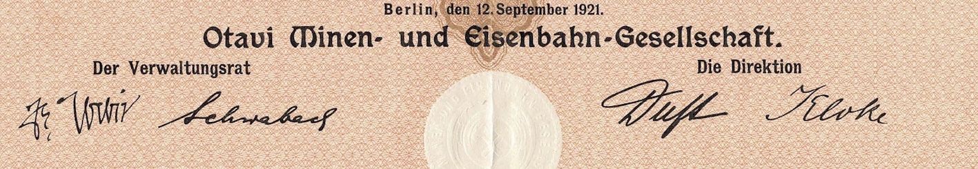 Dokumente: Otavi Minen- und Eisenbahn-Gesellschaft, Berlin - 1921 (10er – Gebraucht aus Solothurn von Sgasche 1