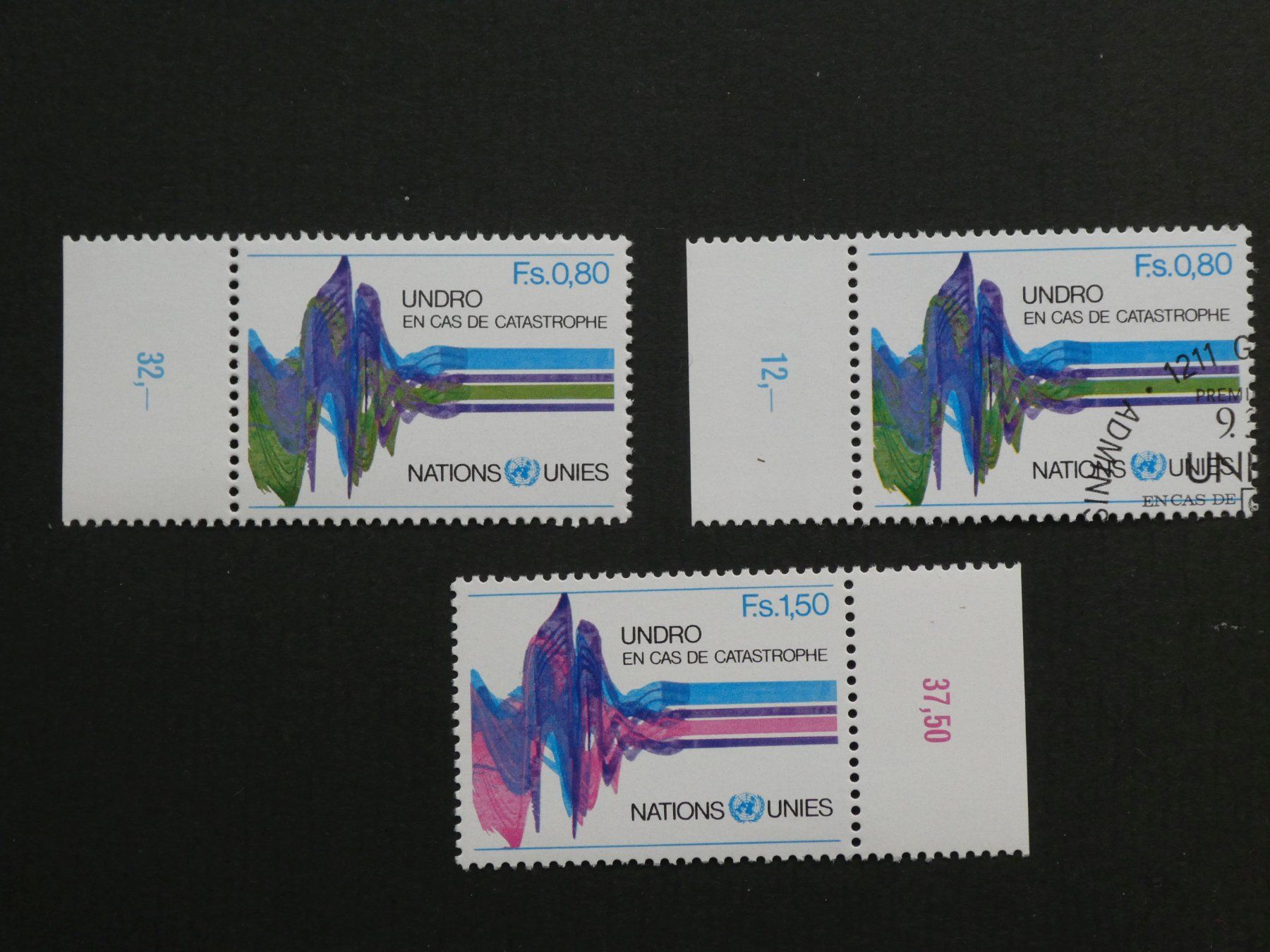 Tutti i francobolli: UNO Genf 1979 Einzelmarken mit Tab, 2x **, 1x ET – Usato da Sissach venduto da eriluz