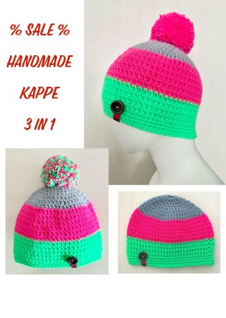 Kappe 3 in 1 mit oder ohne Bommel tragbar, Handarbeit