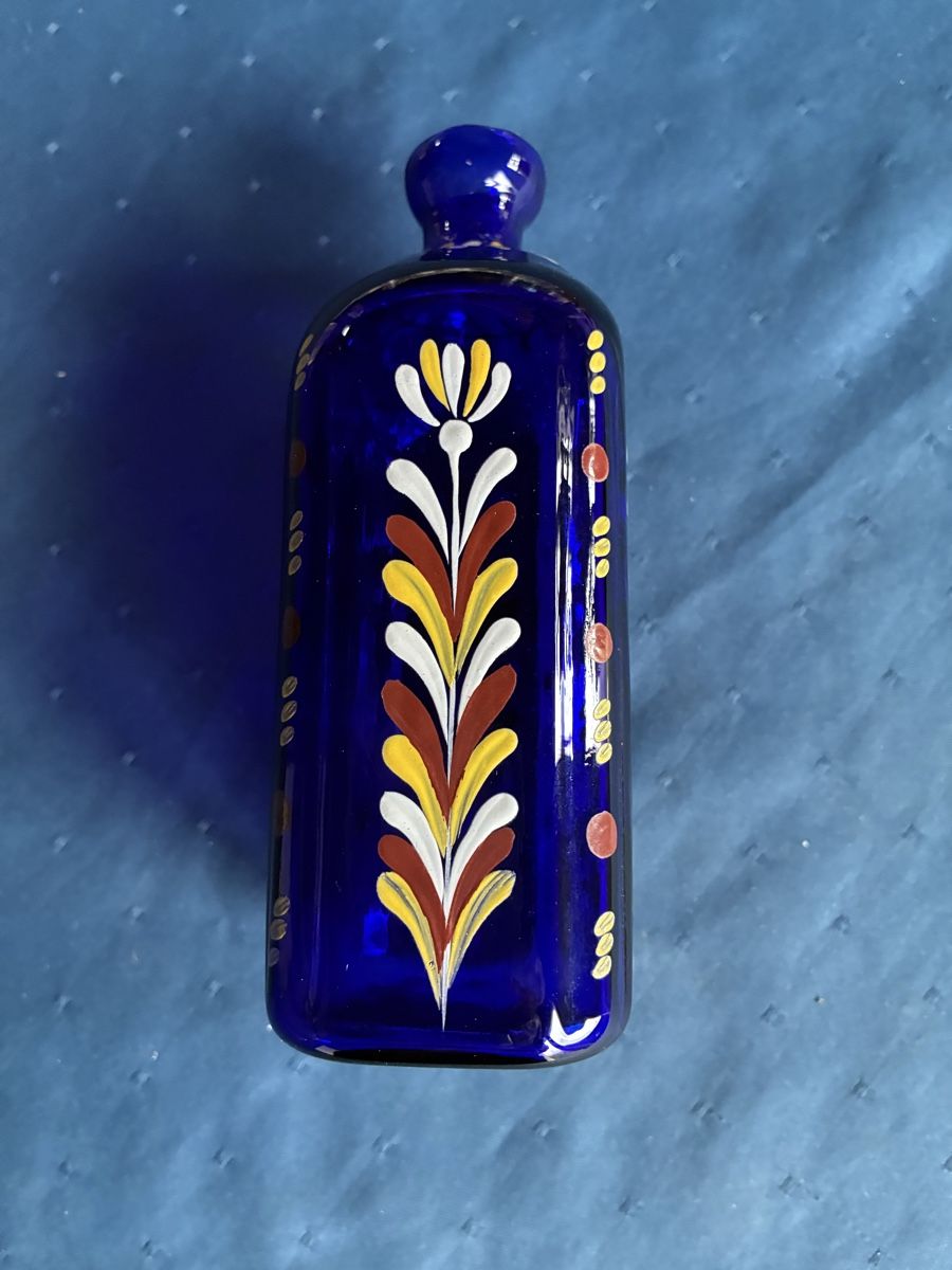 Bottiglie: Antike Flasche kobaltblau mit Emailmalerei – Usato da Dornach venduto da Rosengarten 1