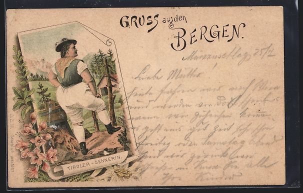 Ansichtskarten: Vorläufer-Lithographie Tiroler Sennerin – Gebraucht aus Berlin von bartko-reher