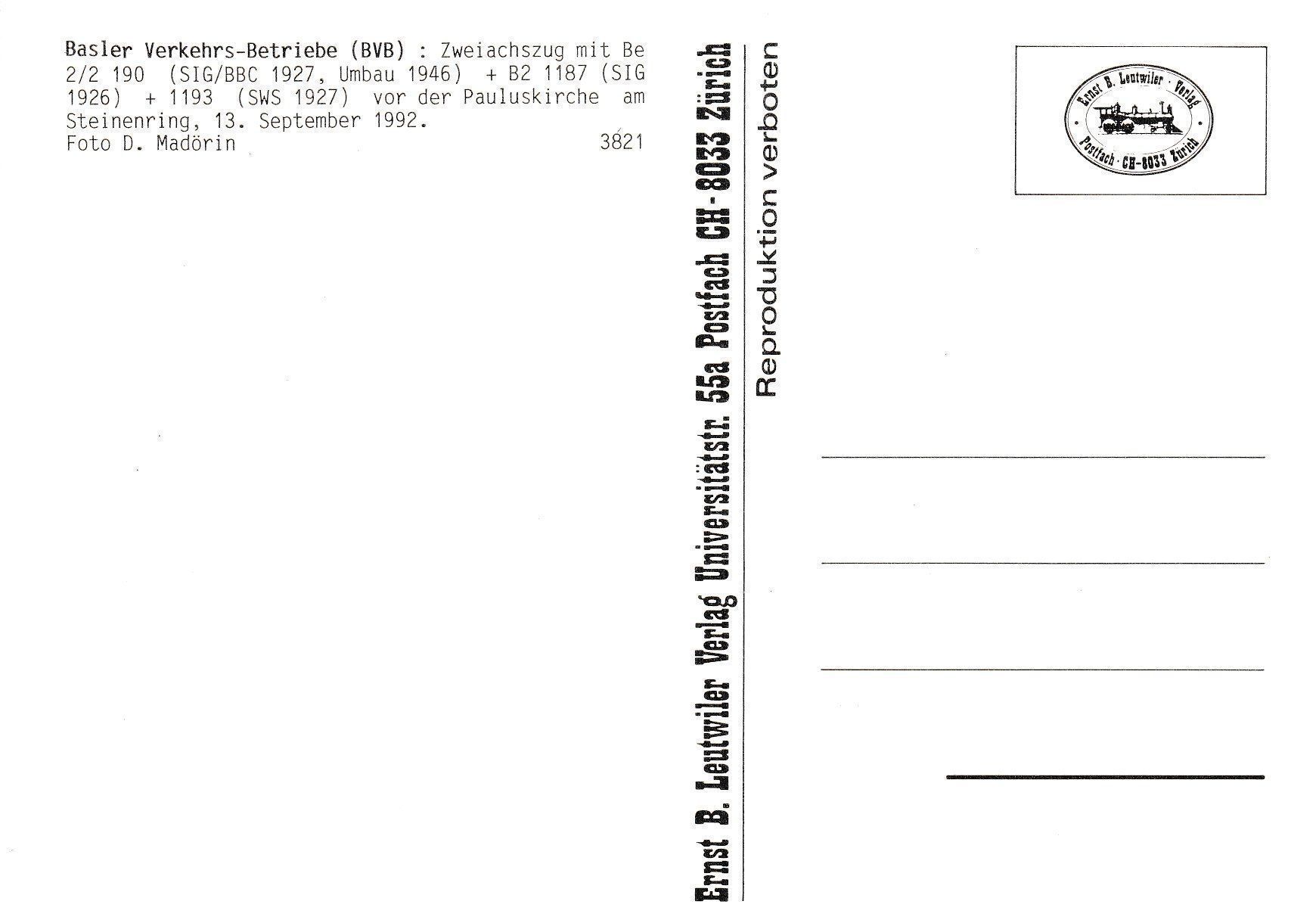 Cartoline postali: Strassenbahn Basel BVB Be 2/2 190 – Usato da Ettingen venduto da Pantograph163 1
