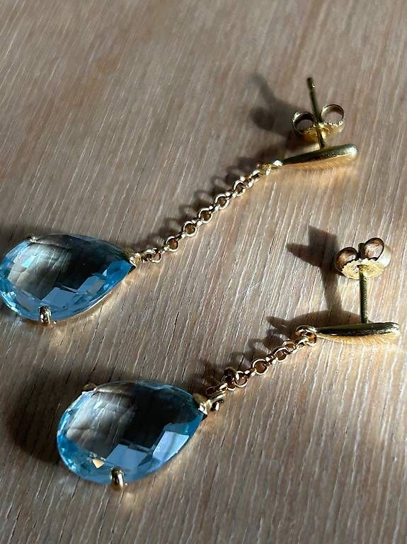 Orecchini pendenti & Orecchini a lobo: 18 Karat Gelbgoldring mit Topas oder Aquamarin – Usato da Luzern venduto da lou4444