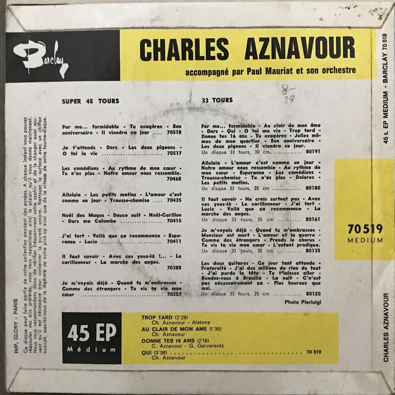 Schallplatten: CHARLES AZNAVOUR - TROP TARD – Gebraucht aus Bussigny von vinyl-pas-cher 1