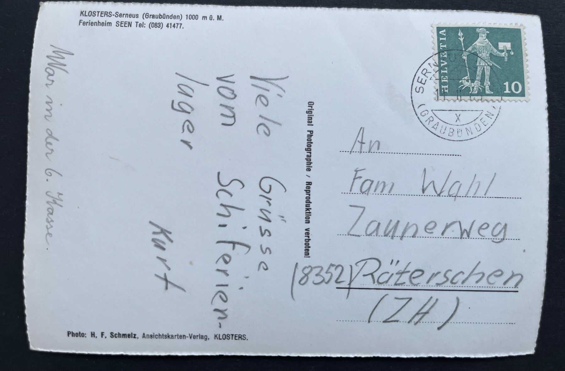 Cartoline postali: Klosters-Serneus, Ferienheim Seen, ca. 1960 – Usato da Ostermundigen venduto da DaxKarten-75 1