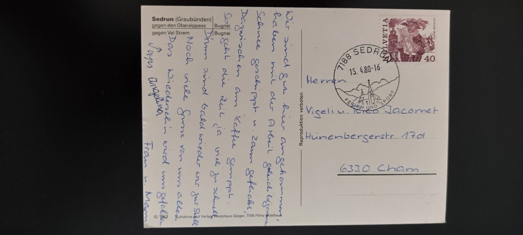 Cartoline postali: Sedrun, Bahn, Winterliche AK mit Bergpanorama dat.1980 – Usato da Ohmstal venduto da Lebensfreude05 1