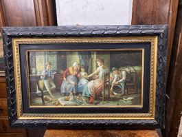 Tableau ancien de scène familiale champêtre, signé 48