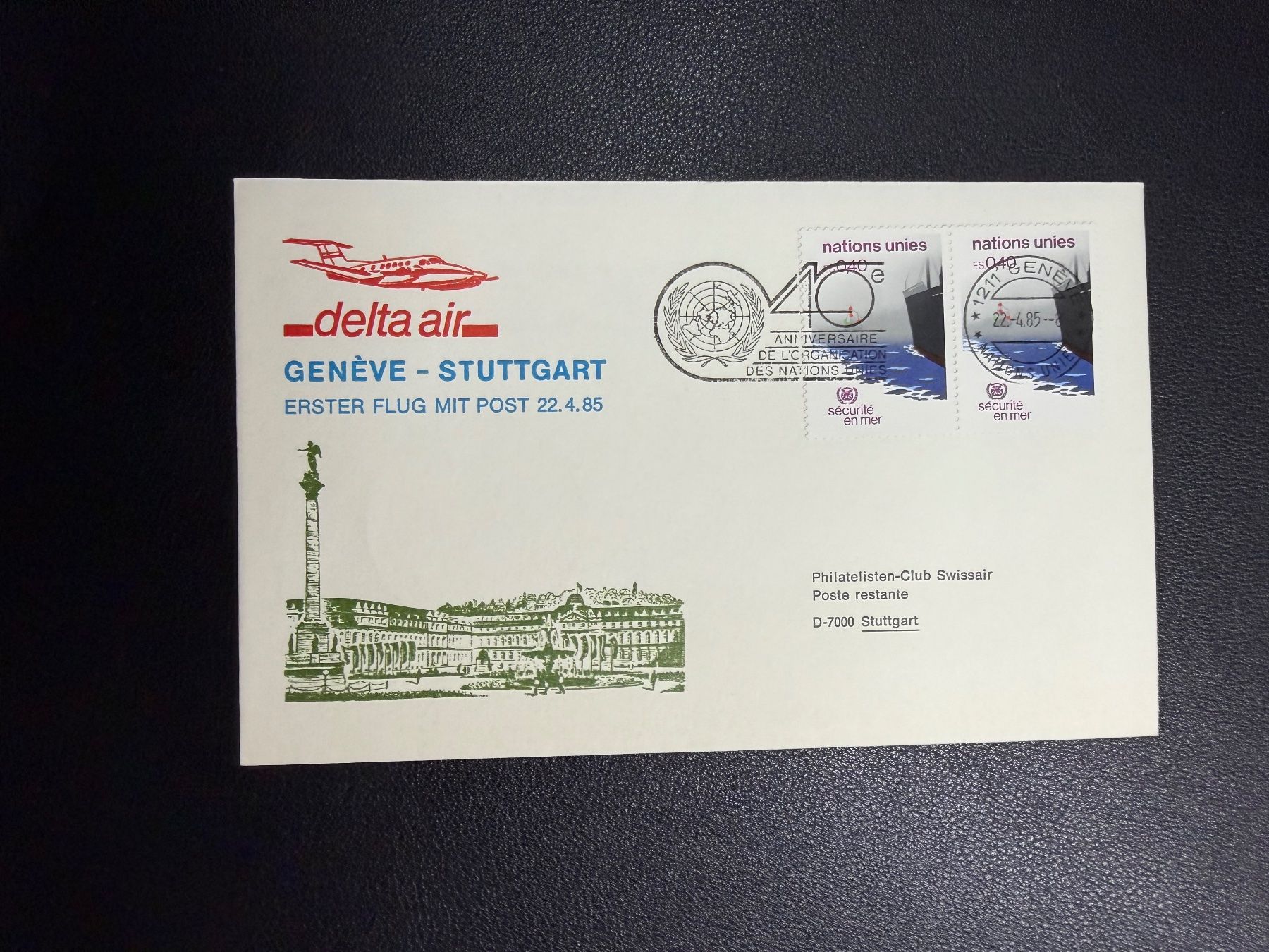 Tous les timbres: delta air Erstflugbrief Genf-Stuttgart ab UNO 1985 – D'occasion à oberrüti par jeanmei