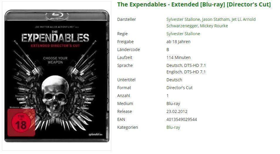 Tutti i DVDs: The Expendables - Extended [Blu-ray] – Usato da Buchrain venduto da Sssschaller