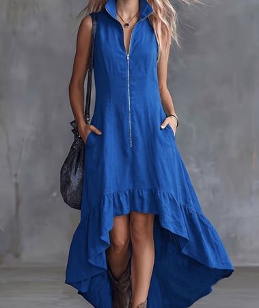 Abito di lino blu elegante con zip e balza-tgM/L-nuovo