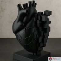 Pixel Heart Sculpture – Matte Black Anatomical Art - 3D Prt
