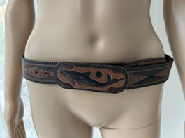 Vintage Leather Belt with Whale Motif Brown Black Used