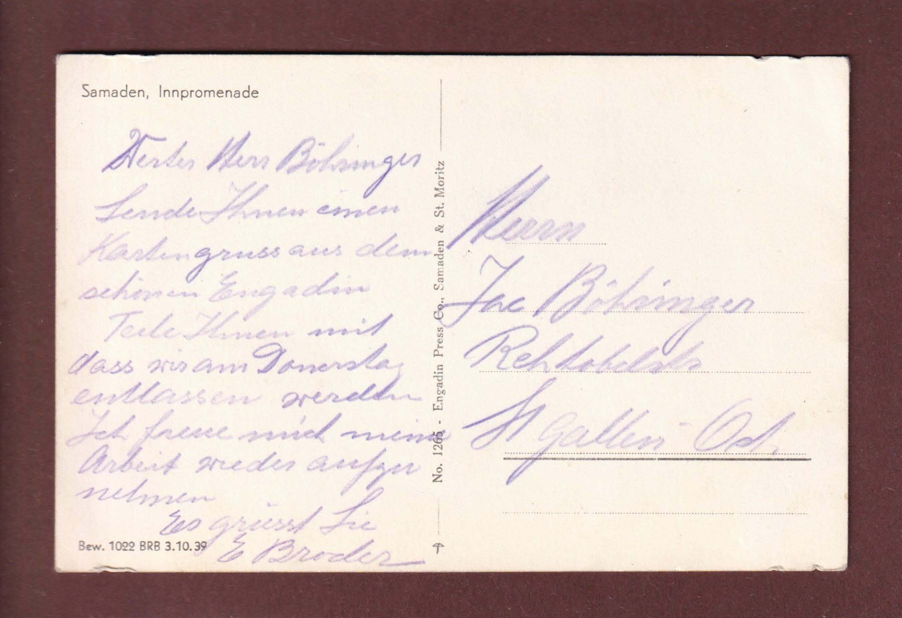 Cartoline postali: SAMADEN - Innpromenade // Eckbug // – Usato da Pully venduto da nicecards 1