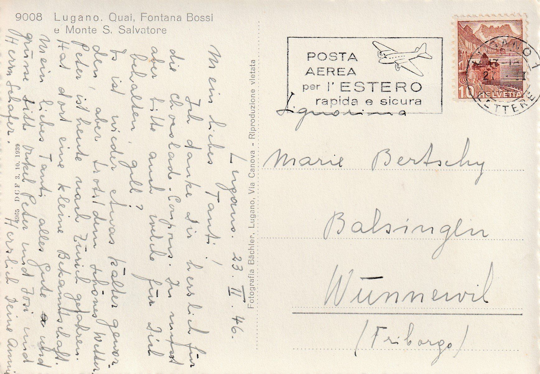 Cartoline postali: AK Lugano gel. 27.2.1946 – Usato da Fribourg venduto da schnalla92 1