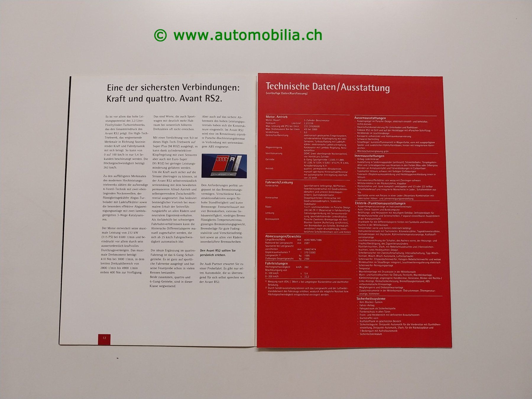 Audi Dokumente: Audi RS2 Avant 1994/01 Prospekt deutsch – Gebraucht aus Weingarten-Kalth von Bettelbruenneli 6
