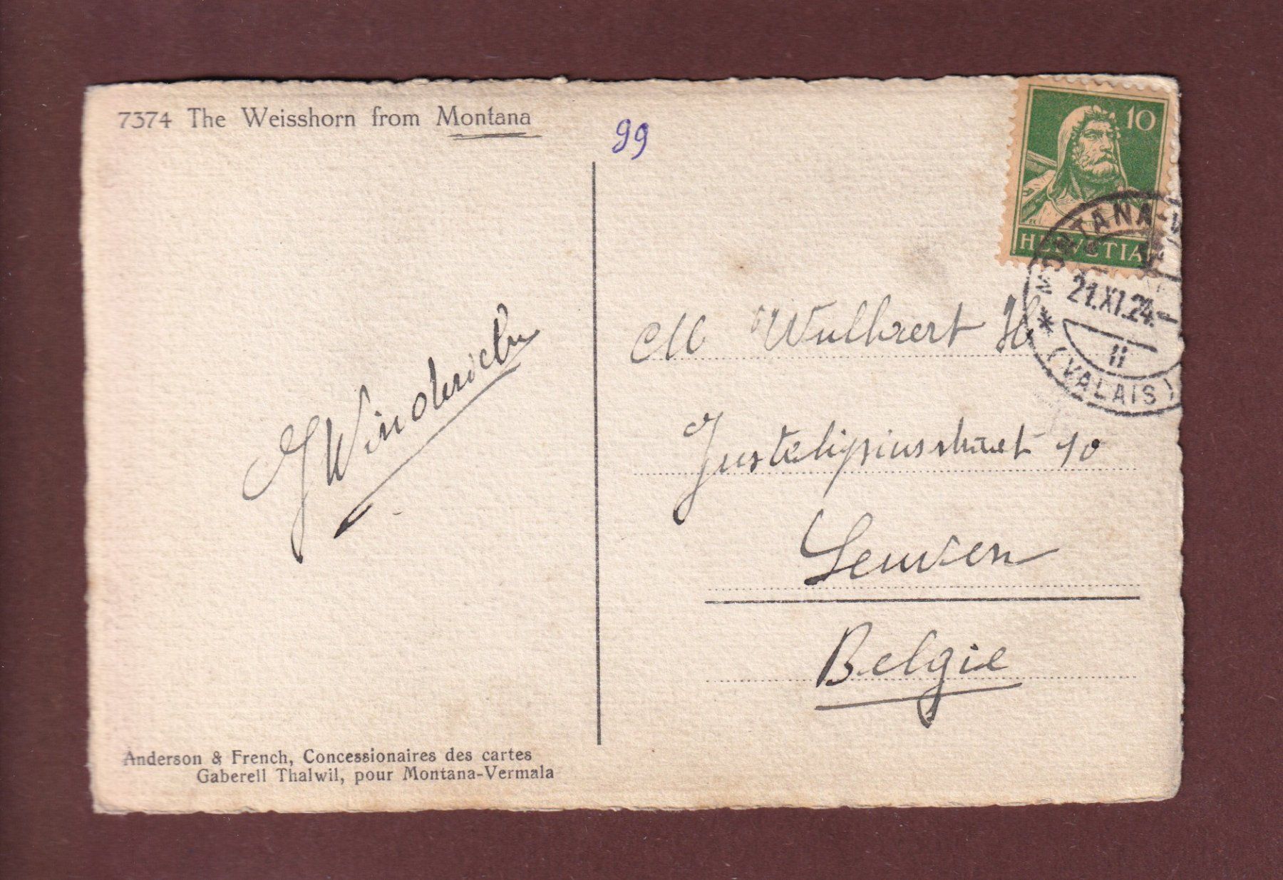 Cartoline postali: WEISSHORN from Montana - 1924 – Usato da Pully venduto da nicecards 1