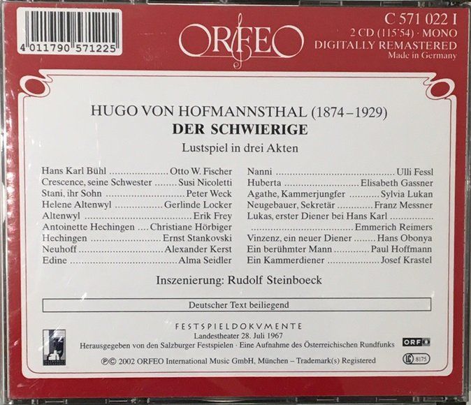 CDs: Von Hofmannsthal - Der Schwierige – Gebraucht aus Grüningen von azulamarillo 1