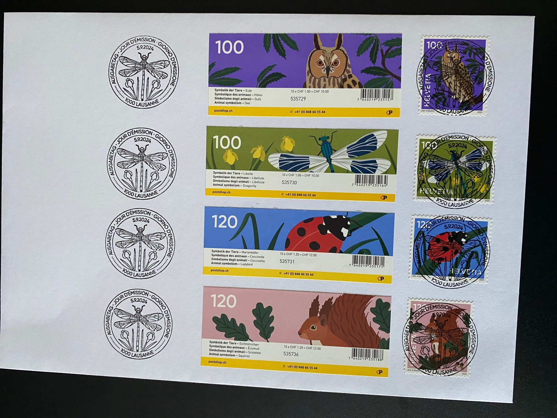 Alle Briefmarken: 2024 Symbolik der Tiere Eule Libelle Marienkäfer Eichhörn – Neu (gemäss Beschreibung) aus Niederrohrdorf von leni29