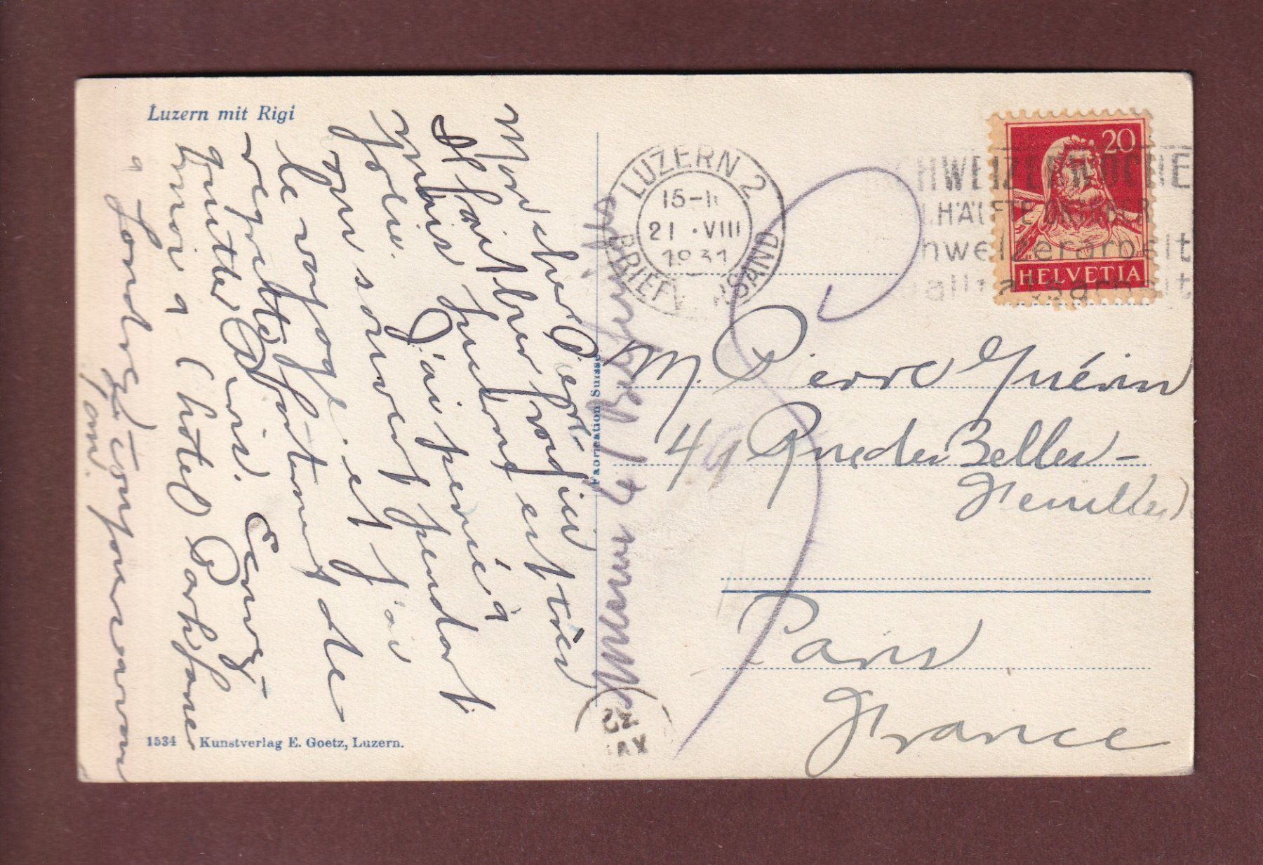 Cartoline postali: LUZERN mit Rigi - 1931 – Usato da Pully venduto da nicecards-shop 1