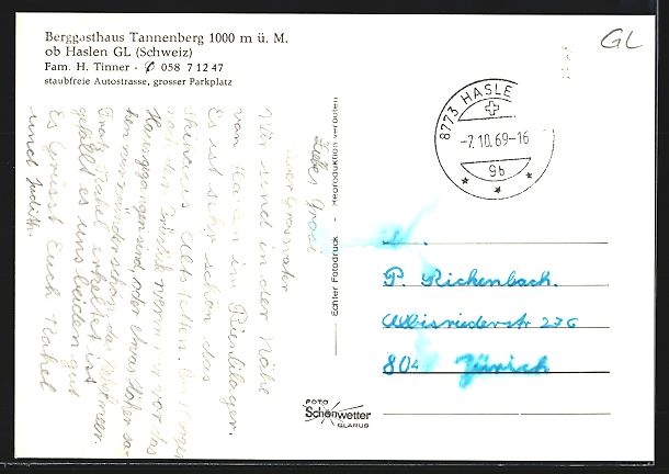 Cartoline postali: Haslen /GL, Berggasthaus Tannenberg Fam. – Usato da Berlin venduto da bartko-reher 1