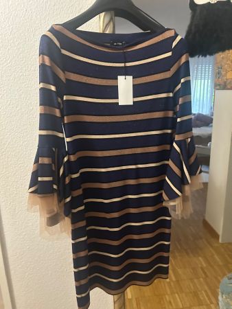 Damen Kleid gestreift blau gold mit Trompetenärmeln