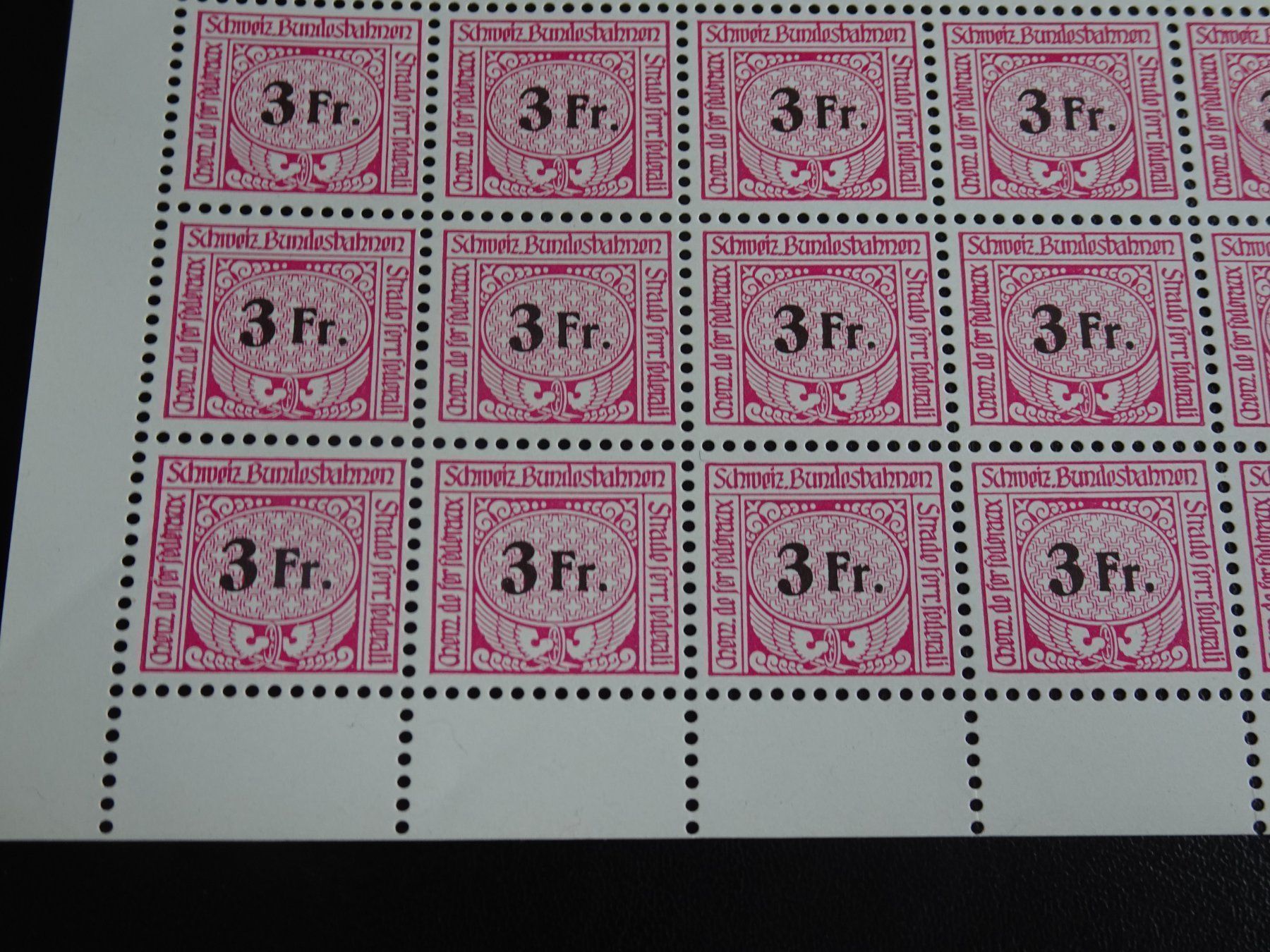 Alle Briefmarken: EISENBAHNMARKEN; BOGEN POSTFRISCH 3 Fr. – Neu (gemäss Beschreibung) aus Eschenbach SG von eDaisy 1