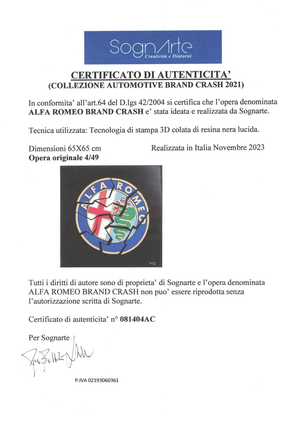 Dipinti: ALFA ROMEO CRASH 3D print artwork - Ltd.04/49 + Certificate – Nuovo e nell'imballaggio originale da Le Mont-sur-Lausanne venduto da luxurylover 7