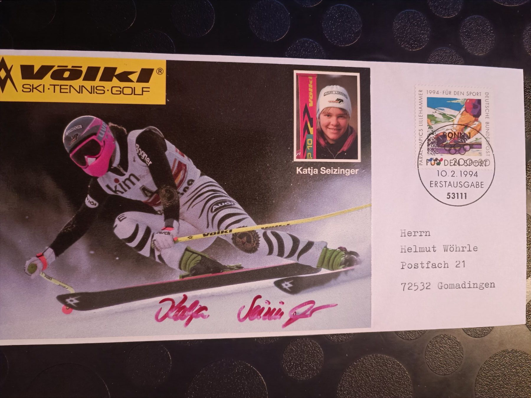 Autografi: Katja Seizinger - handsignierte Karte mit Sonderstempel FDC – Usato da Menziken venduto da Artographs