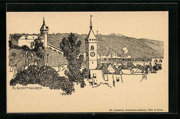 Cartoline postali: Litho Schaffhausen, Ortsansicht mit Tür – Usato da Berlin venduto da bartko-reher