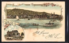 Litho Zürich, Panorama mit Dampfer vom 