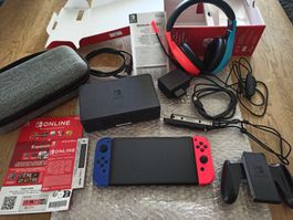 Switch OLED Neon Mega-Set OVP / Bigben Headset / Tasche -NSW
