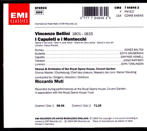 CD: 2 CDs Bellini • I Capuleti E I Montecchi • Ricardo Muti – Usato da Luzern venduto da Lycka 1