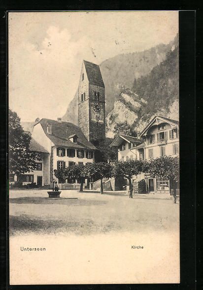 Cartoline postali: AK Unterseen, Blick zur Kirche, 1910 – Usato da Berlin venduto da bartko-reher