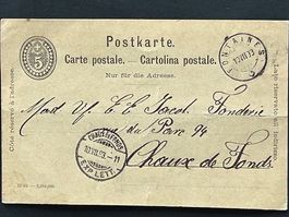 Postkarte 1893: Giesserei Fontaines NE; nach  Chaux de Fonds