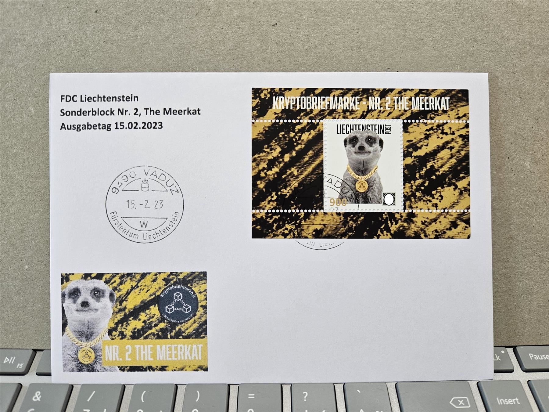 Tutti i francobolli: FDC Crypto-Stamp Nr.2, The Meerkat, Türkise – Usato da Rickenbach SO venduto da Bytebull