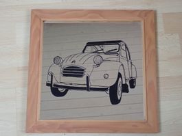 Spiegel bedruckt mit einem Citroen 2CV, Holzrahmen