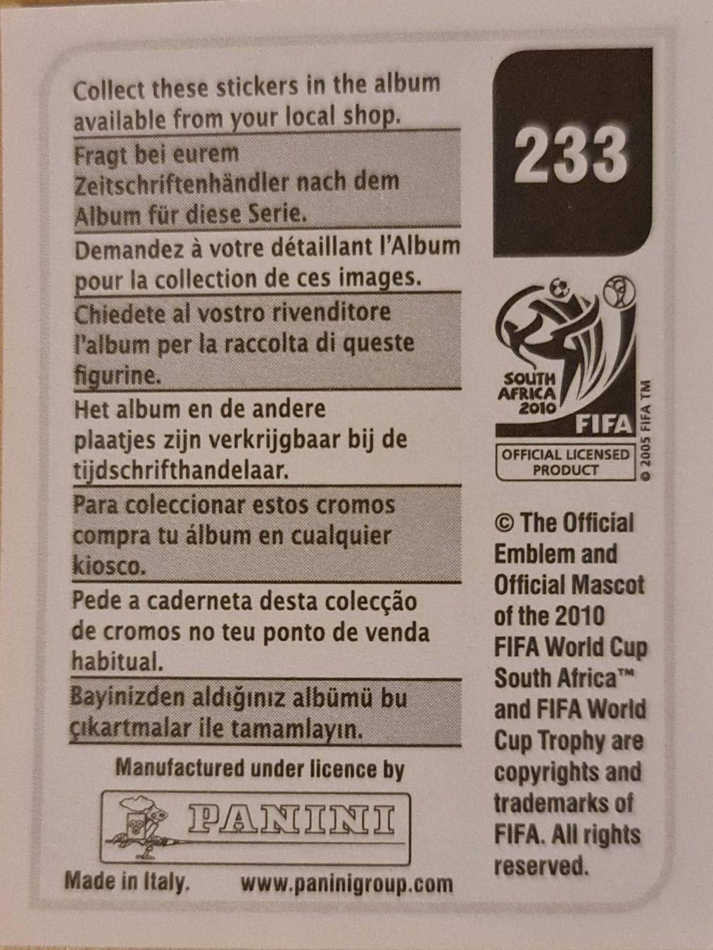 Panini Carte collezionabili: Panini WM 2010 Nr. 233 – Nuovo (secondo la descrizione) da Dintikon venduto da Prime-shop 1