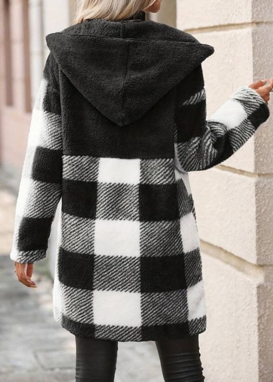 Langer Mantel Schwarz Weiss Karierter Mantel Kuscheliger Teddy