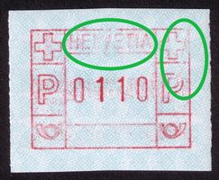 ATM 6_Abart "DEFEKTE IN HELVETIA +KREUZ +P"_Portowert 0110**