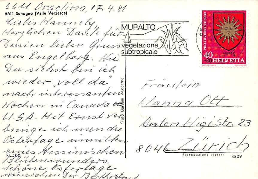 Cartoline postali: TI - Sonogno, Valle Verzasca – Usato da Ottikon b.Kemptth. venduto da Neptun1974 1