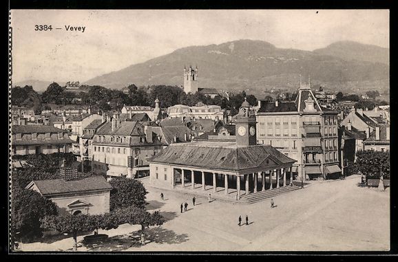 Ansichtskarten: AK Vevey, Strassenpartie mit Kirche – Gebraucht aus Berlin von bartko-reher