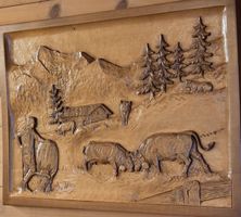 geschnitztes Holzbild Alp mit Eringerkühen 
