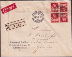 1922, K8 im Viererblock auf Brief v.ZÜRICH (Eduard Locher)