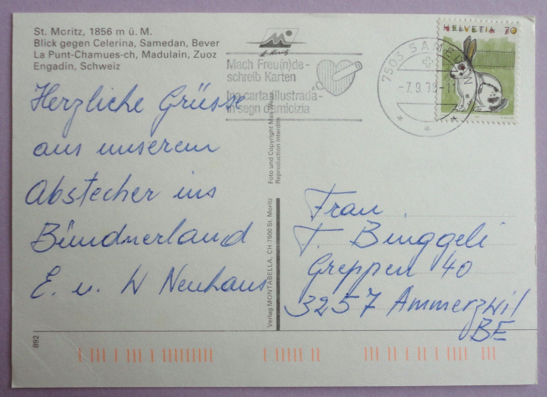 Ansichtskarten: St. Moritz 1856 m ü.M. – Gebraucht aus Fétigny von Billy2miny 1