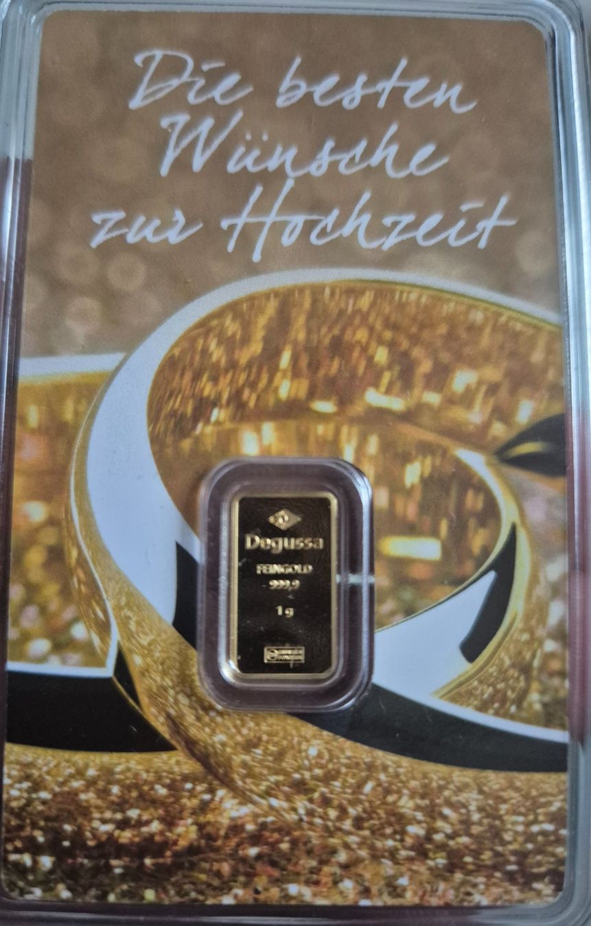 Edelmetalle: Feingold / Goldbarren 1g Degussa "Hochzeit" – Neu und originalverpackt aus Grenchen von Grenchen_Coins
