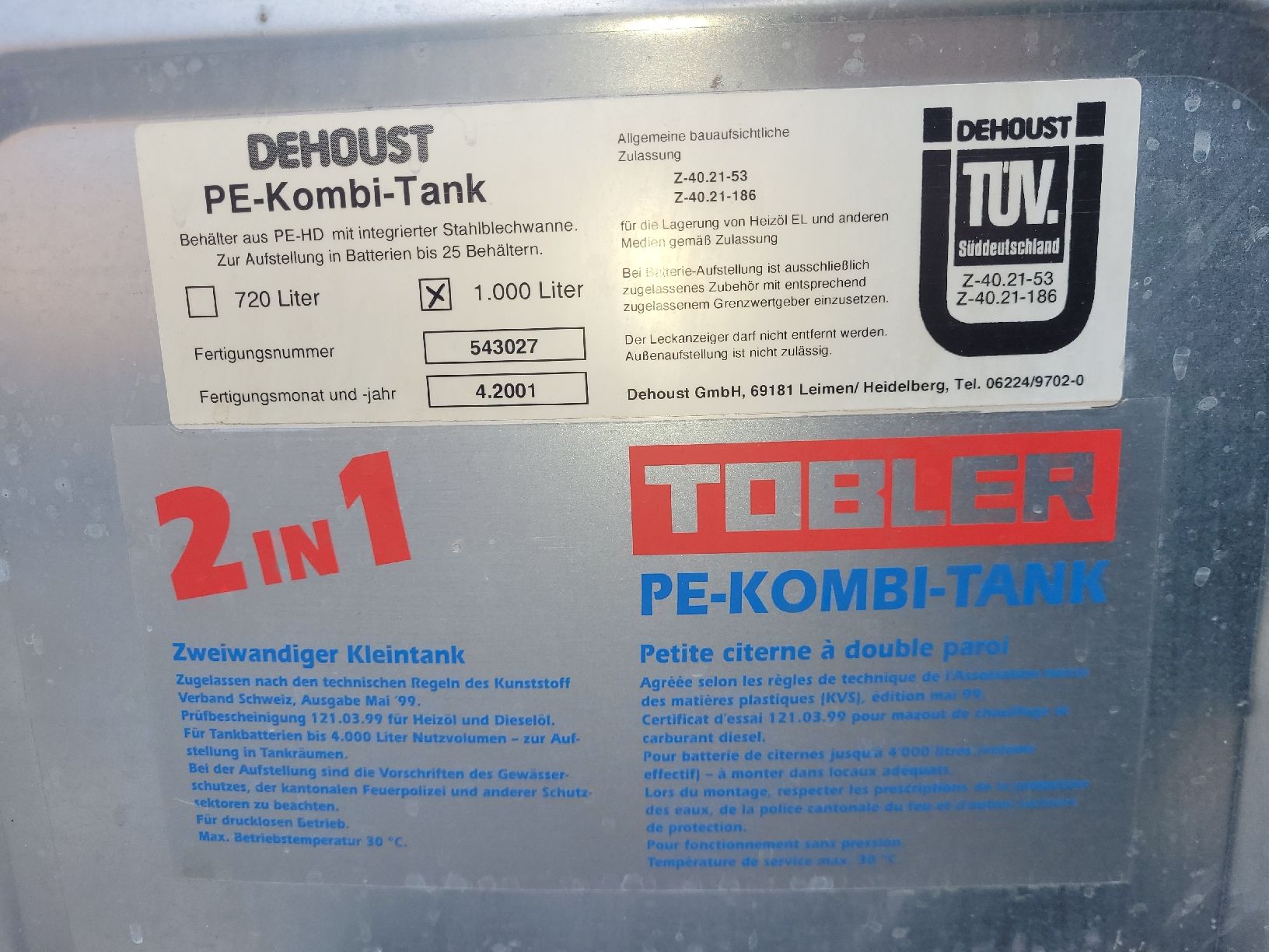 Batterietanks / Heizöltanks - Dehoust / PE-Kombi