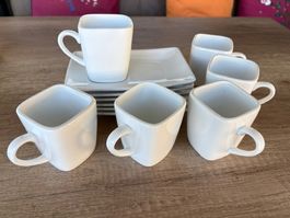 6 Kaffeetassen mit Untertassen weiss eckig Zustand gut