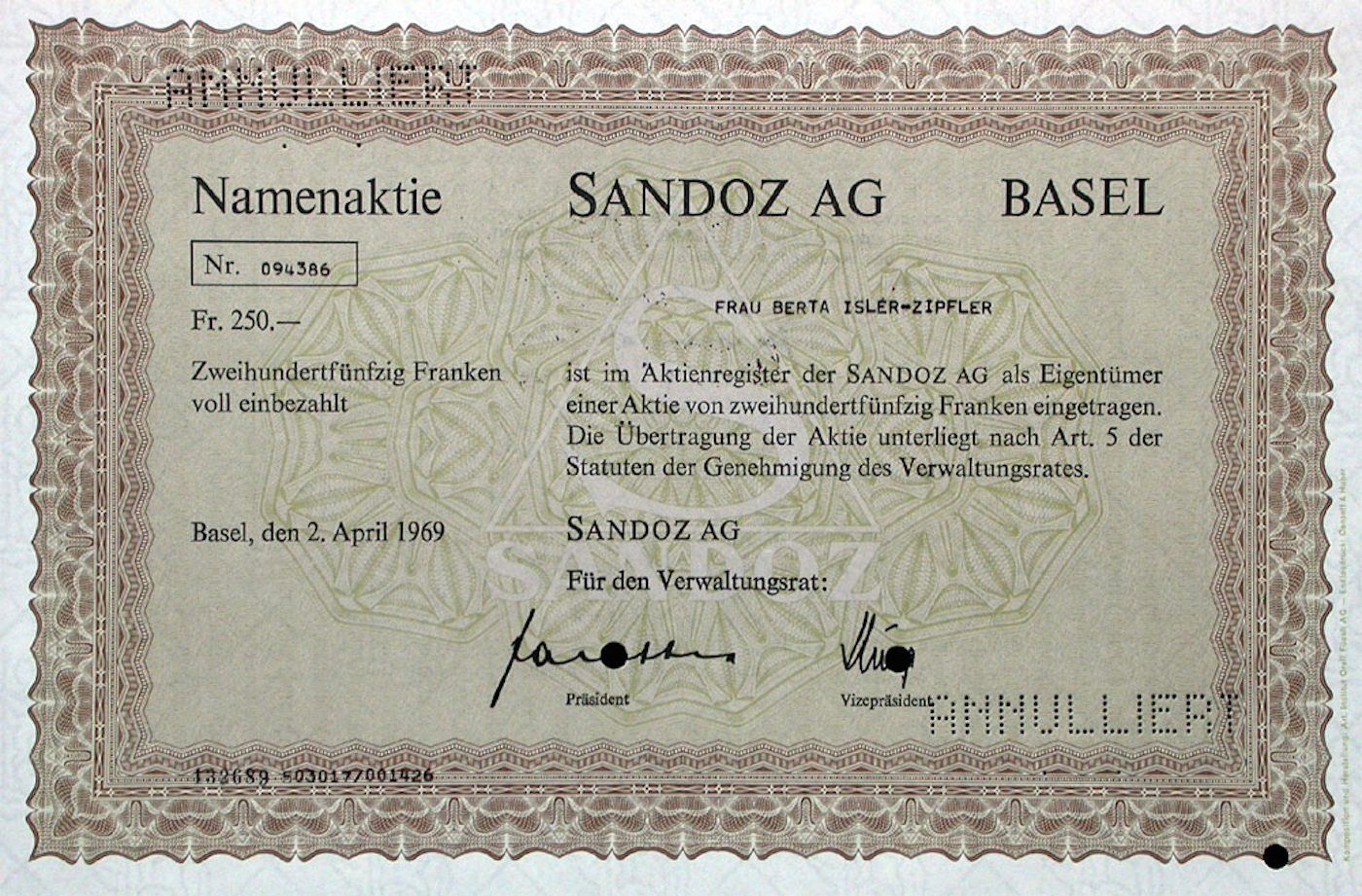 Documenti: Sandoz AG , Basel - 1969 – Usato da Solothurn venduto da Sgasche
