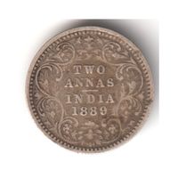 1889 India Two Annas Silber Münze Victoria Empress Antik