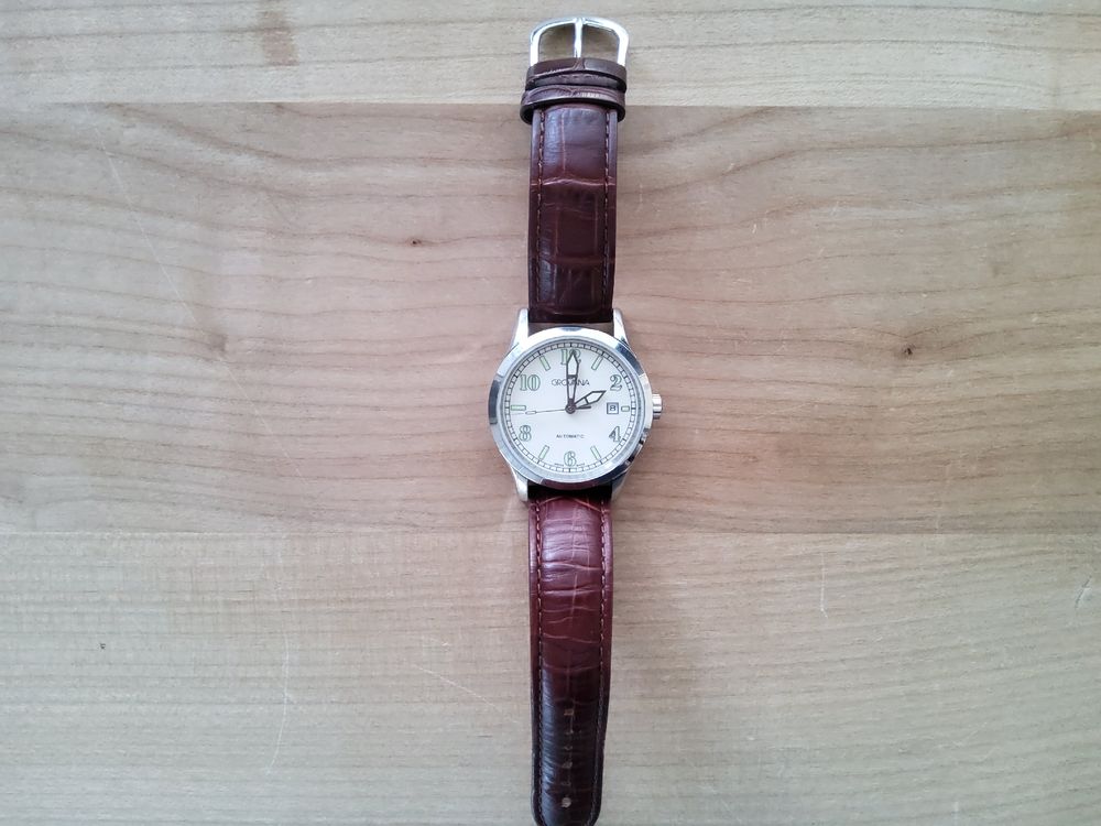 Montres: Grovana, weisses Zifferblatt, braunes Lederband, automatic – Neuf (Voir description) à Aarau par Aarauer65 2